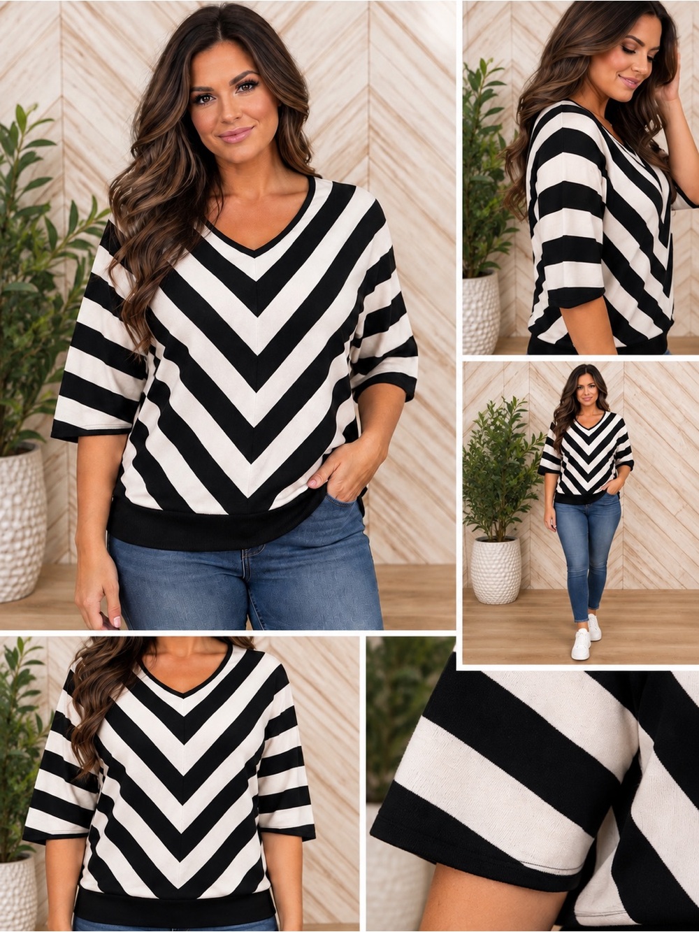 Linda Matthews Black White Chevron V-Neck Sweater XL